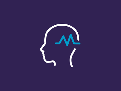 A simplified outline of a human head is depicted in white against a purple background, featuring a blue waveform symbol inside the head, representing brain activity or mental processes.