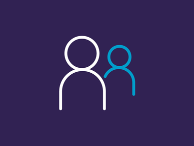 An icon depicting two stylized figures: an adult outlined in white and a smaller child outlined in blue, set against a dark purple background. The figures represent a parent and child or a mentor and mentee relationship.